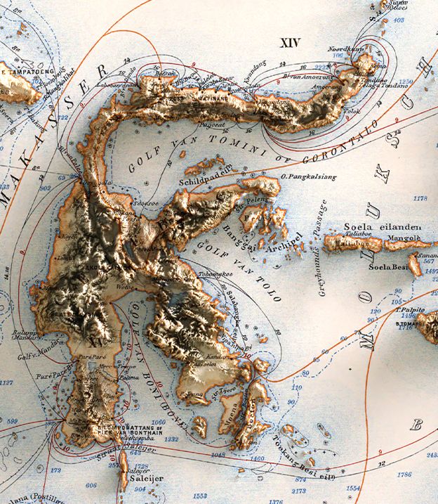 Vintage relief map of Sulawesi, showing its mangled K-shaped coastline