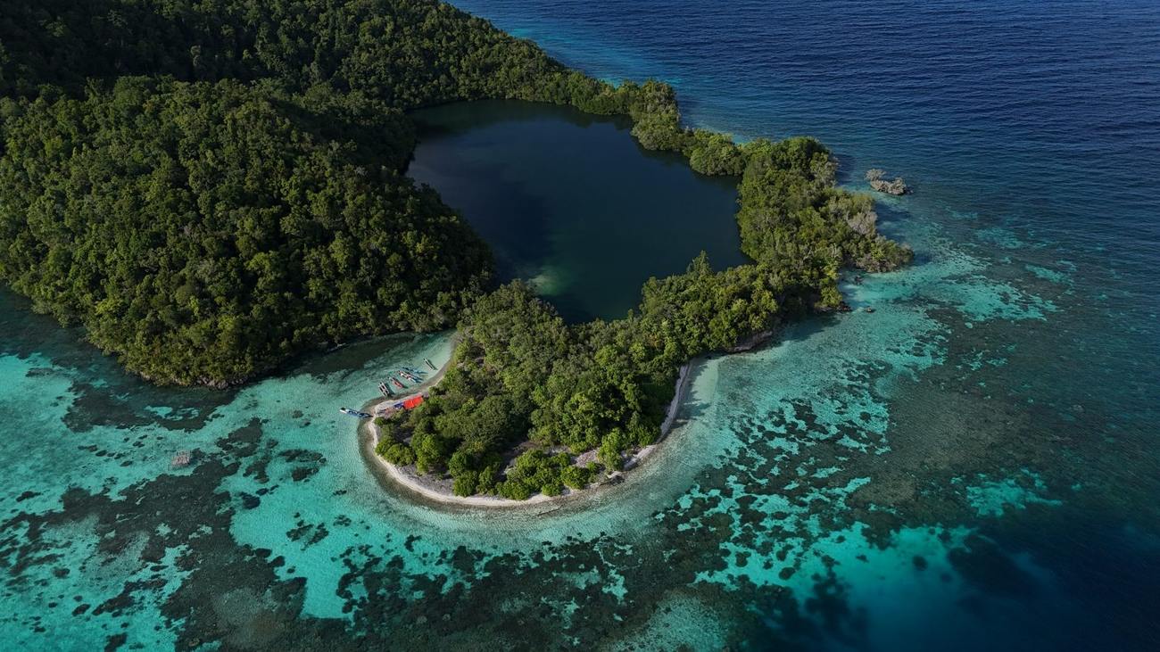 Aerial view of a lagoon island in North Maluku